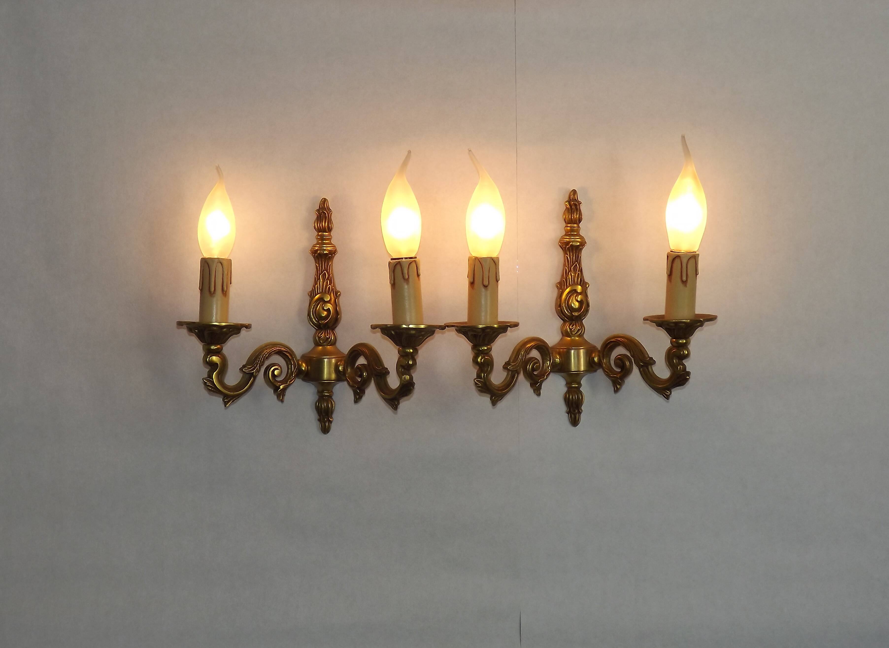 Pair of French Traditional Style Bronze Mid Century Double Wall Lights