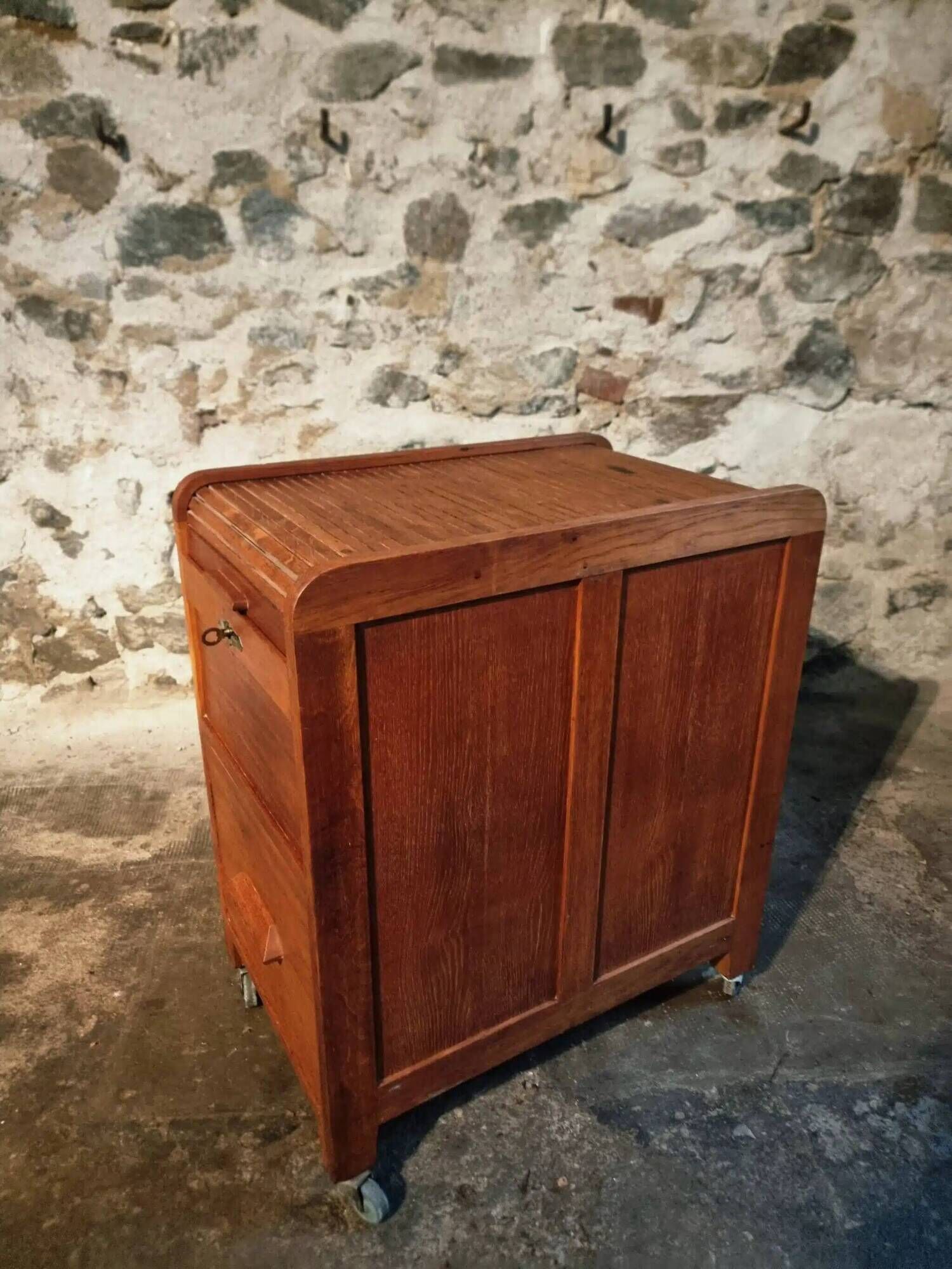 Vintage French oak office rolling cabinet with tambour door, 1950s.