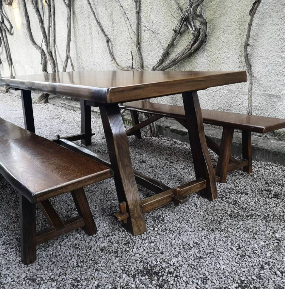 Large table and 2 benches brutalist design Olavi Hänninen
