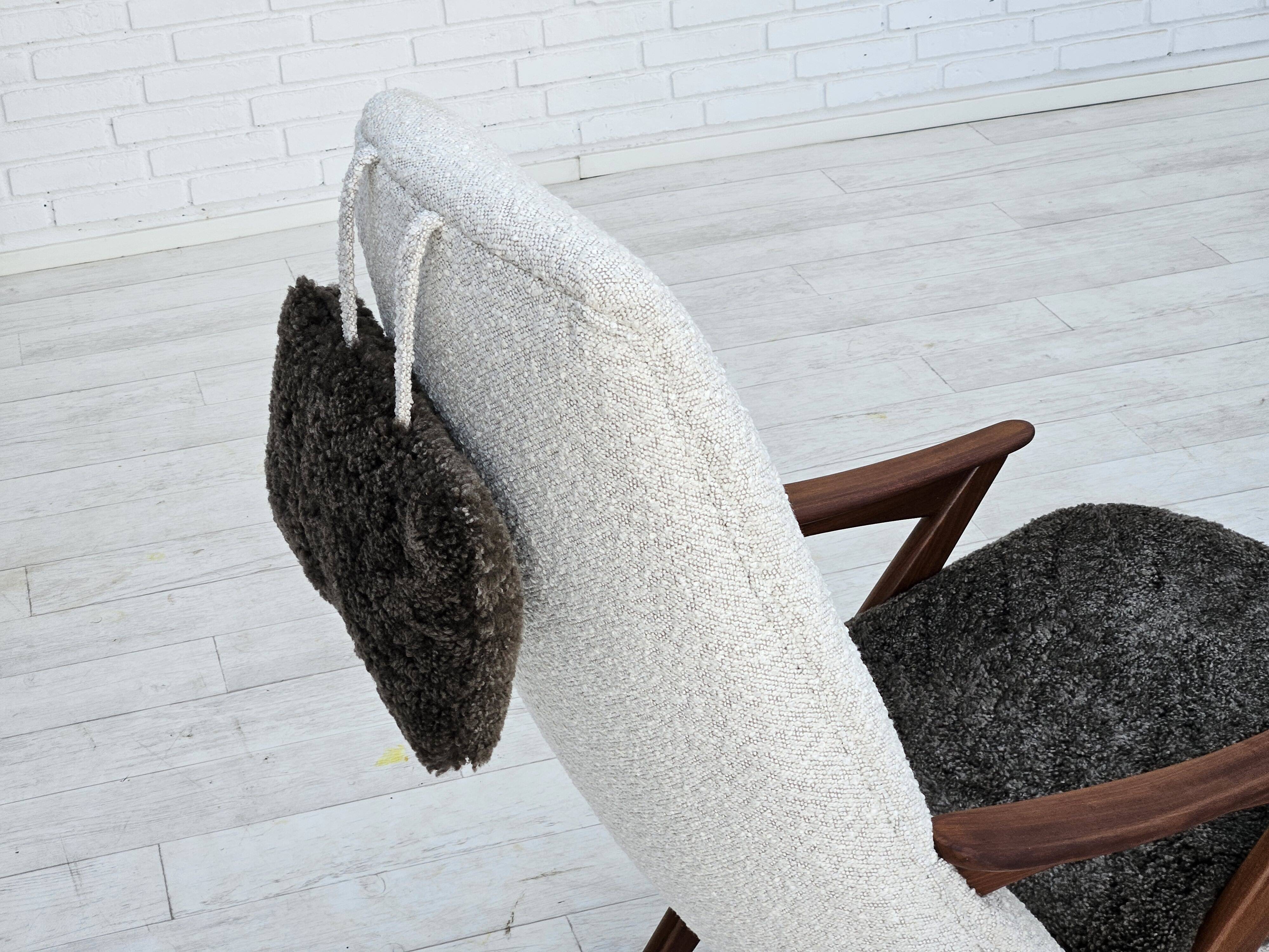 1960s, Scandinavian design, reupholstered armchair, furniture fabric, genuine sheepskin, teak.