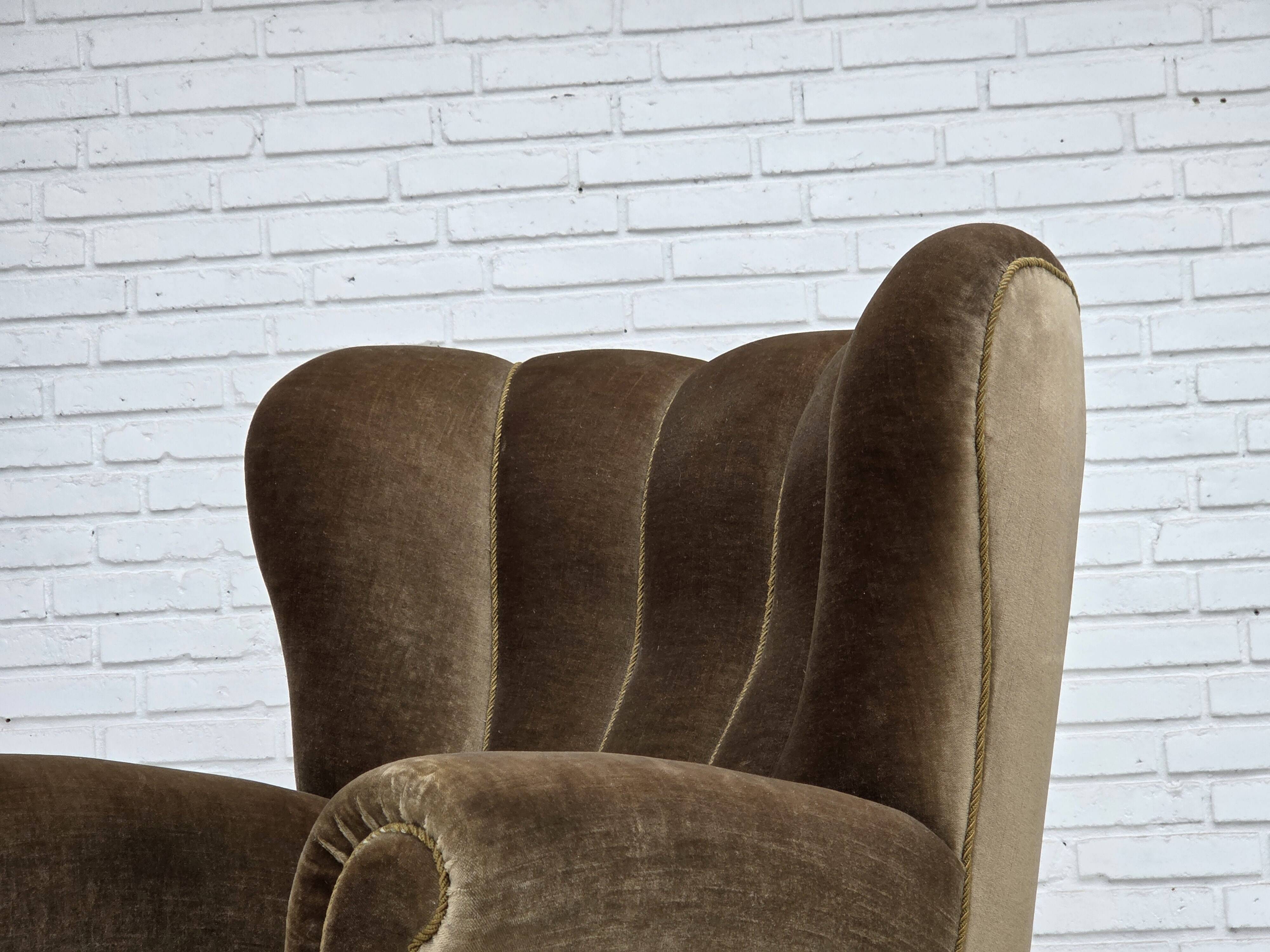 1960s, Danish relax armchair, dark green furniture velour, ash wood.