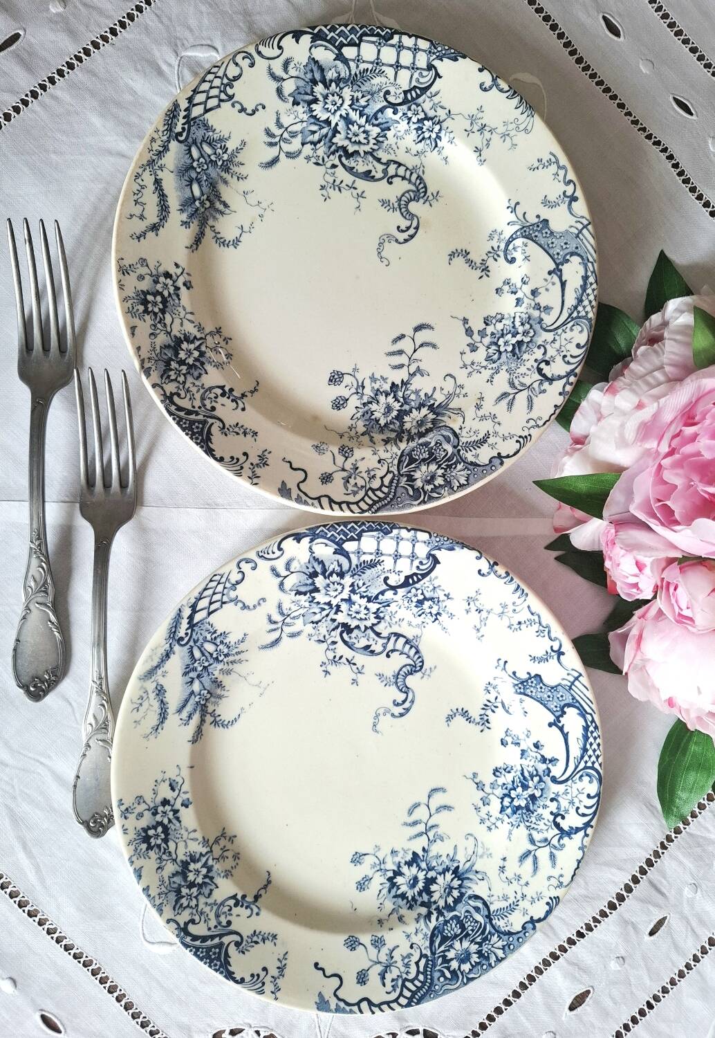 Mismatched antique ironstone dinner plates