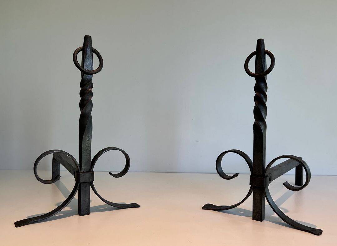 Pair of Neoclassical Fire Dogs in Wrought Iron with Twisted Columns, Finials