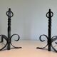 Pair of Neoclassical Fire Dogs in Wrought Iron with Twisted Columns, Finials