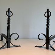 Pair of Neoclassical Fire Dogs in Wrought Iron with Twisted Columns, Finials