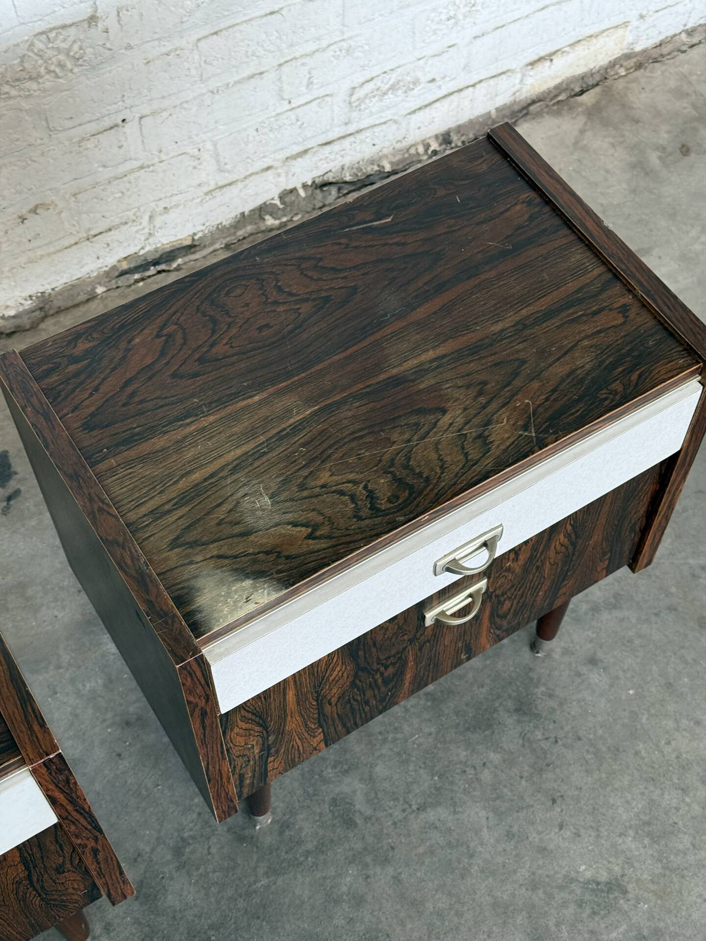 Pair of Vintage 1960s Nightstands — Rosewood & White Formica