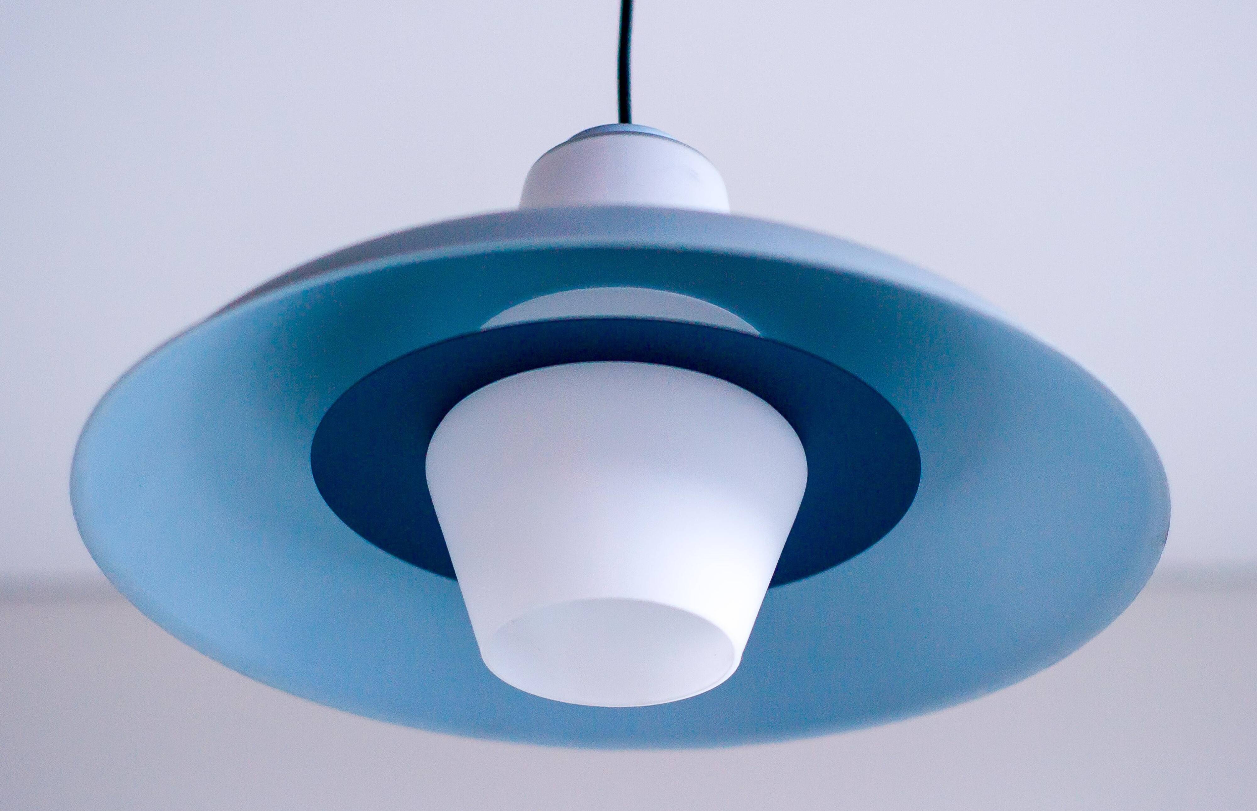 Philips pendant light in frosted sky blue glass by Louis Kalff