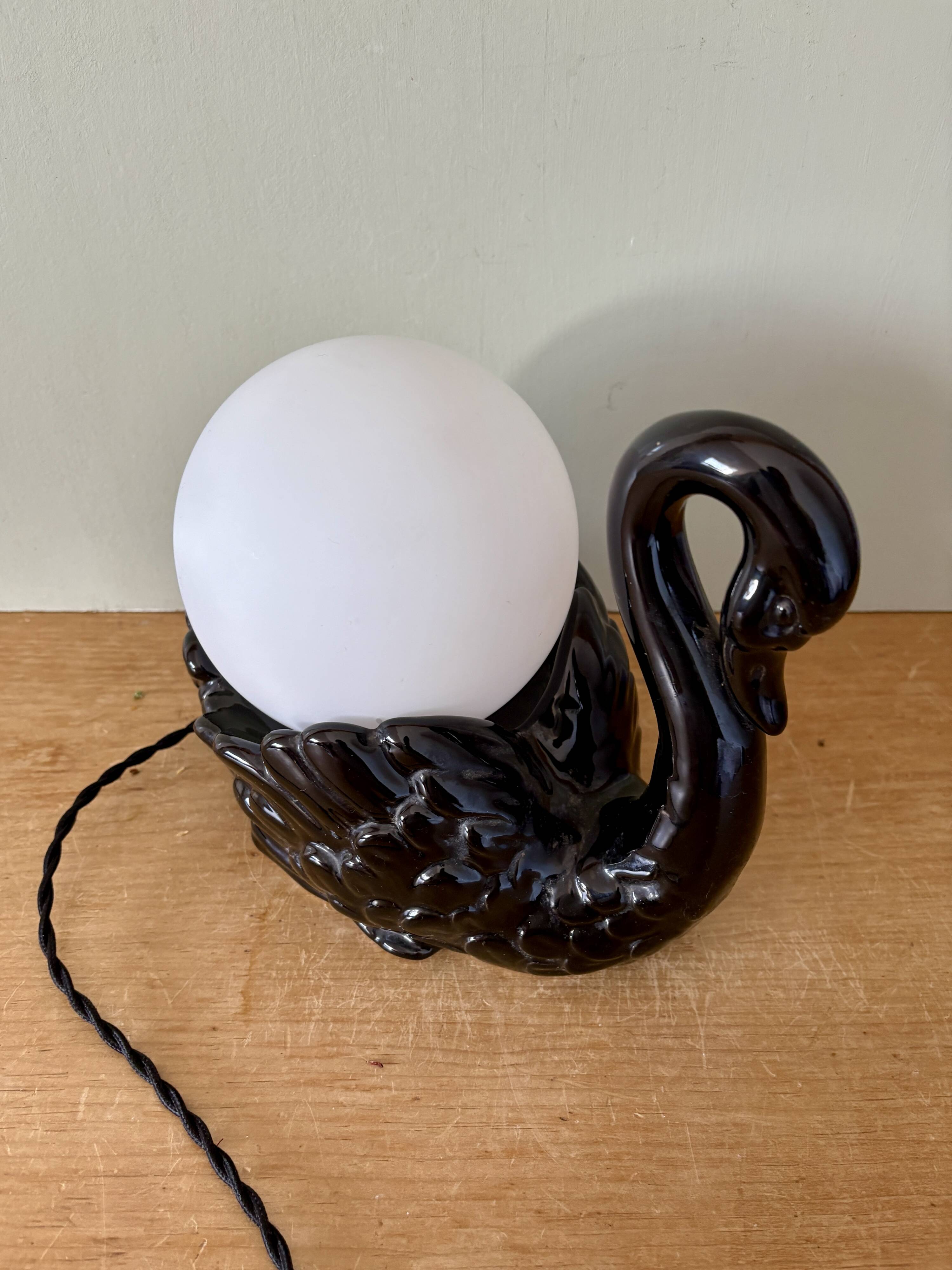 Vintage lamp, black ceramic swan and white opaline globe