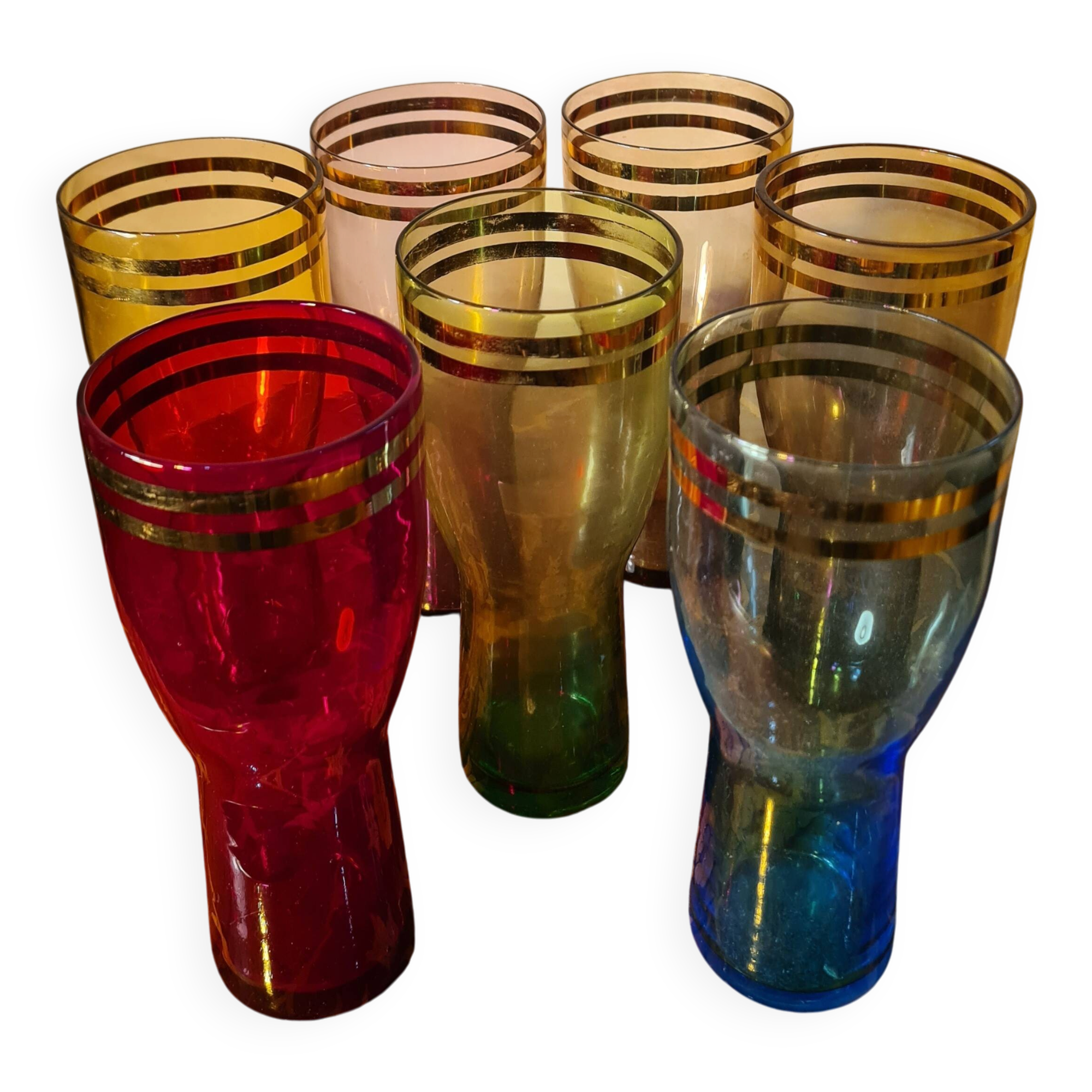 lot of 7 large tinted glasses for lemonade with double gold rim, 1950, 16x8 in good condition