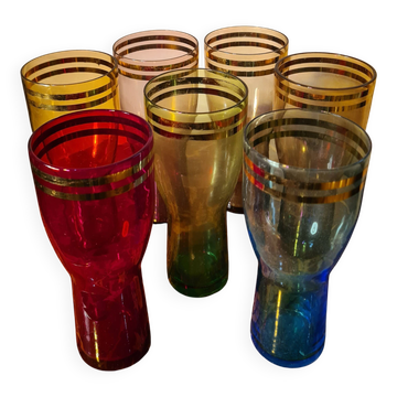 lot 7 grand verres teinté a limonade double liseret or 1950 a70 , 16x8 bon