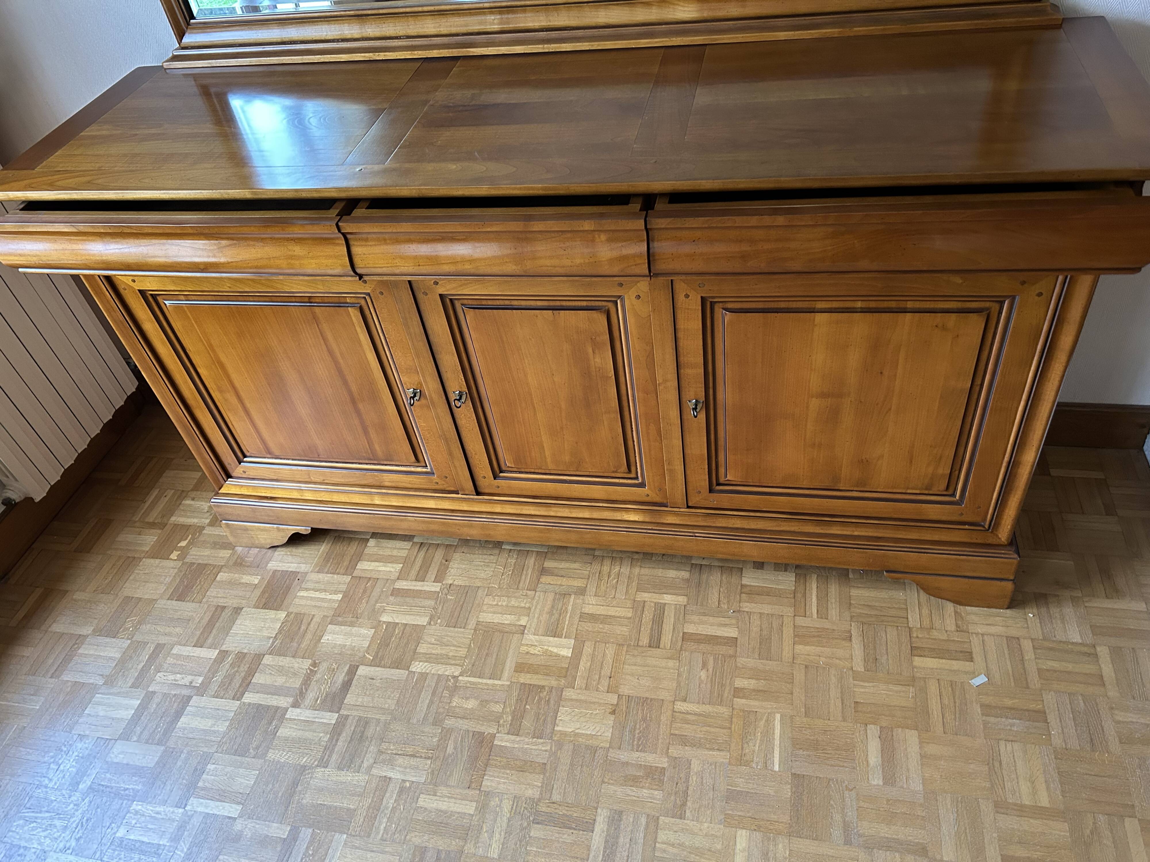 Solid cherry wood buffet Louis Philippe with 3 doors, 3 drawers + its mirror.