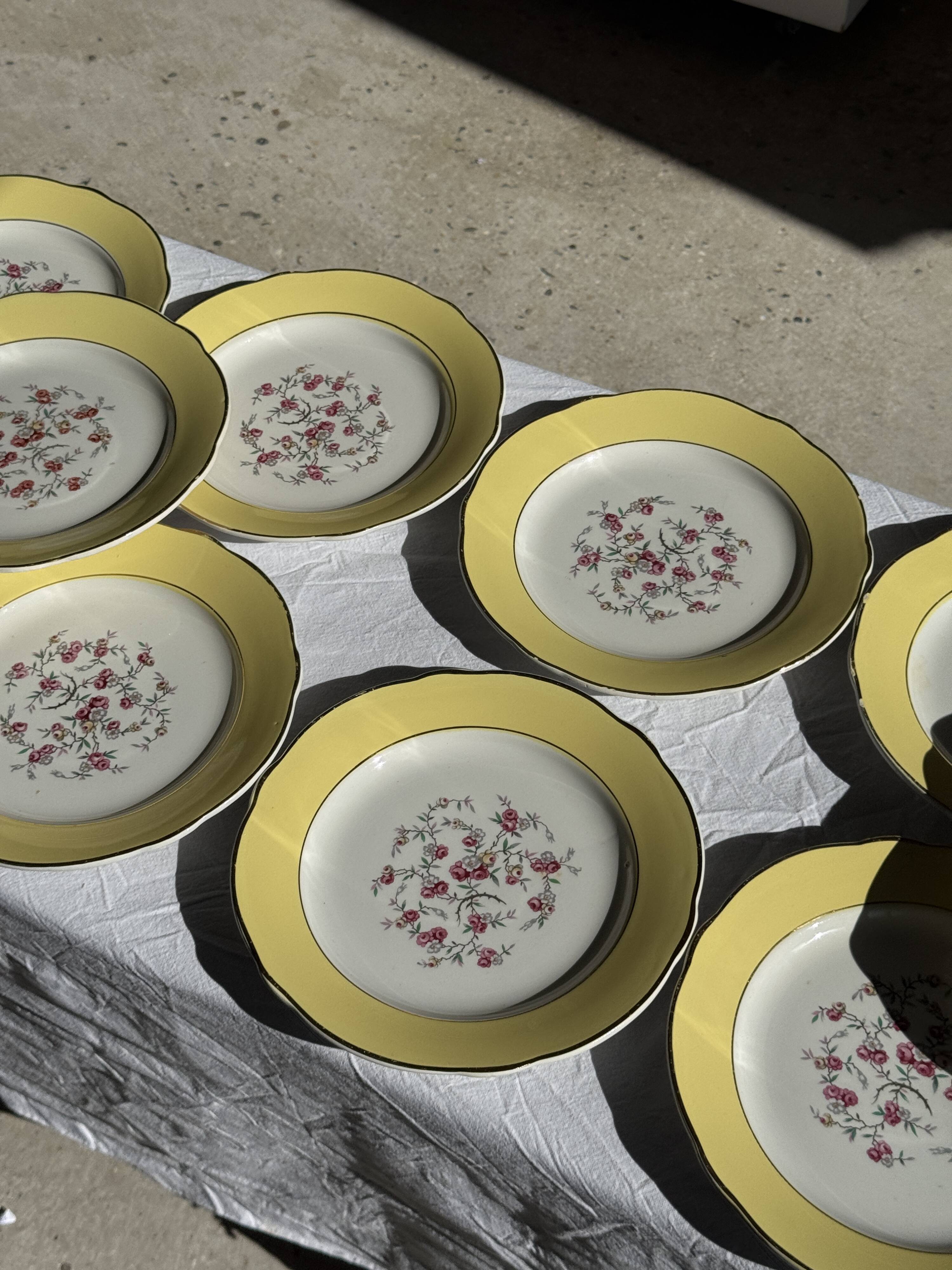 Lot de 19 grandes assiettes plates vintage jaunes fleurs roses liseré doré