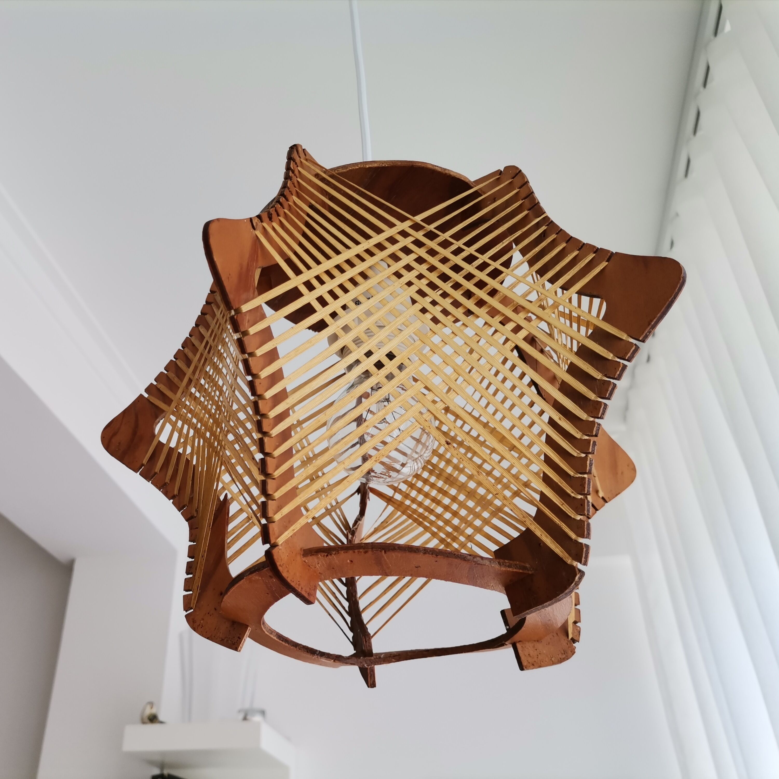 Vintage 1960s wood and straw wooden ceiling hanging lamp