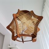 Vintage 1960s wood and straw wooden ceiling hanging lamp