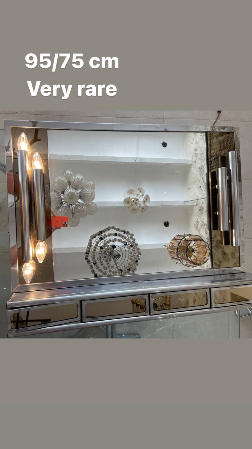 Veca glass chrome mirror and storage, spain 1970s