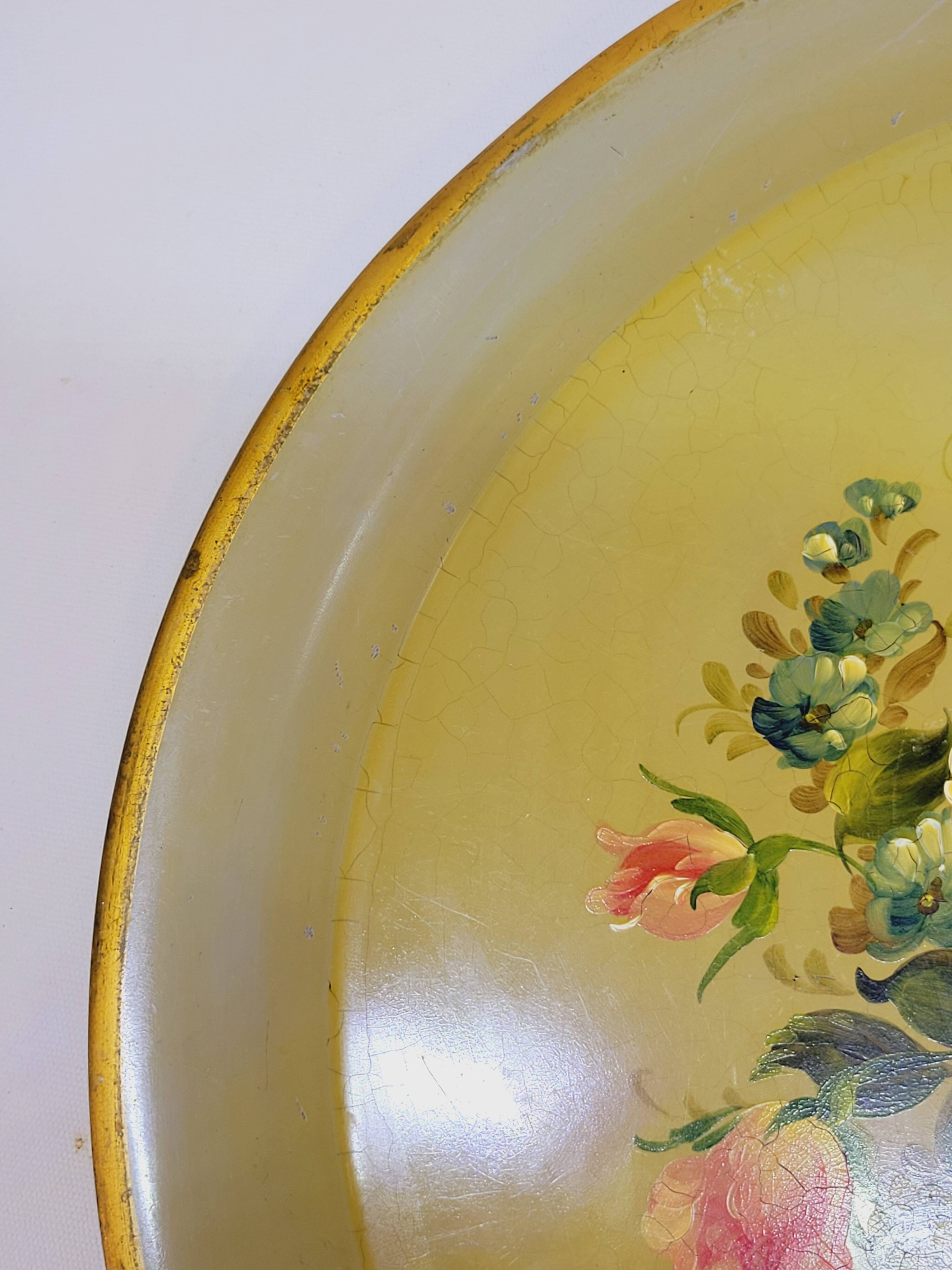 Napoleon III Painted Sheet Metal Tray Painted Metal Floral Decor Diameter 44.5