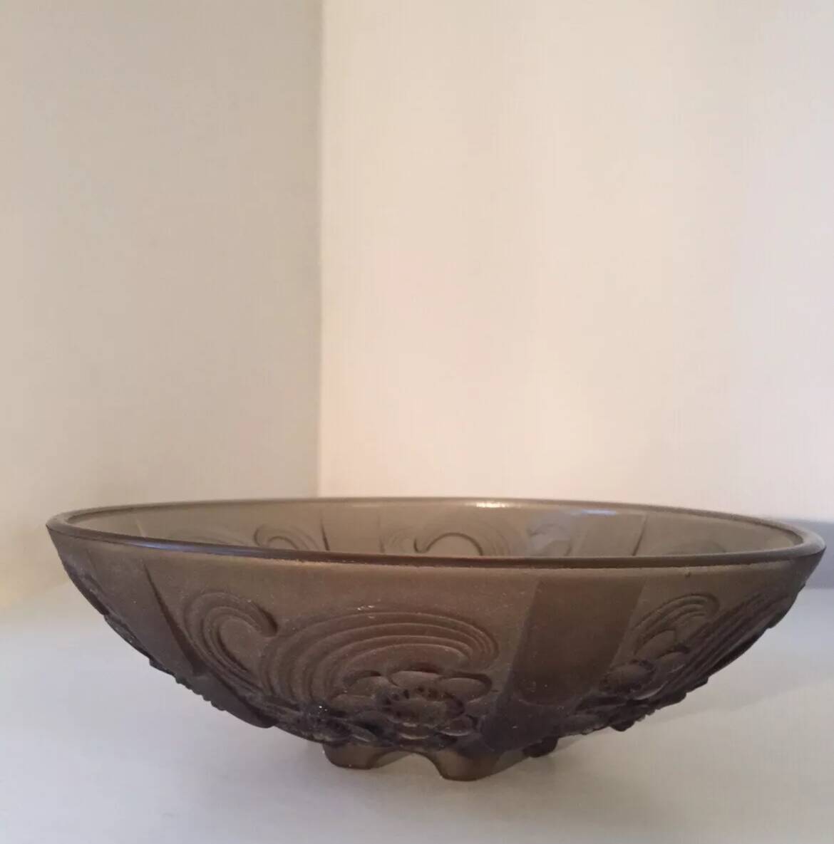 Art Deco smoked molded glass bowl signed Stella