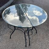 Glass and iron table with two side tables and 8 chairs