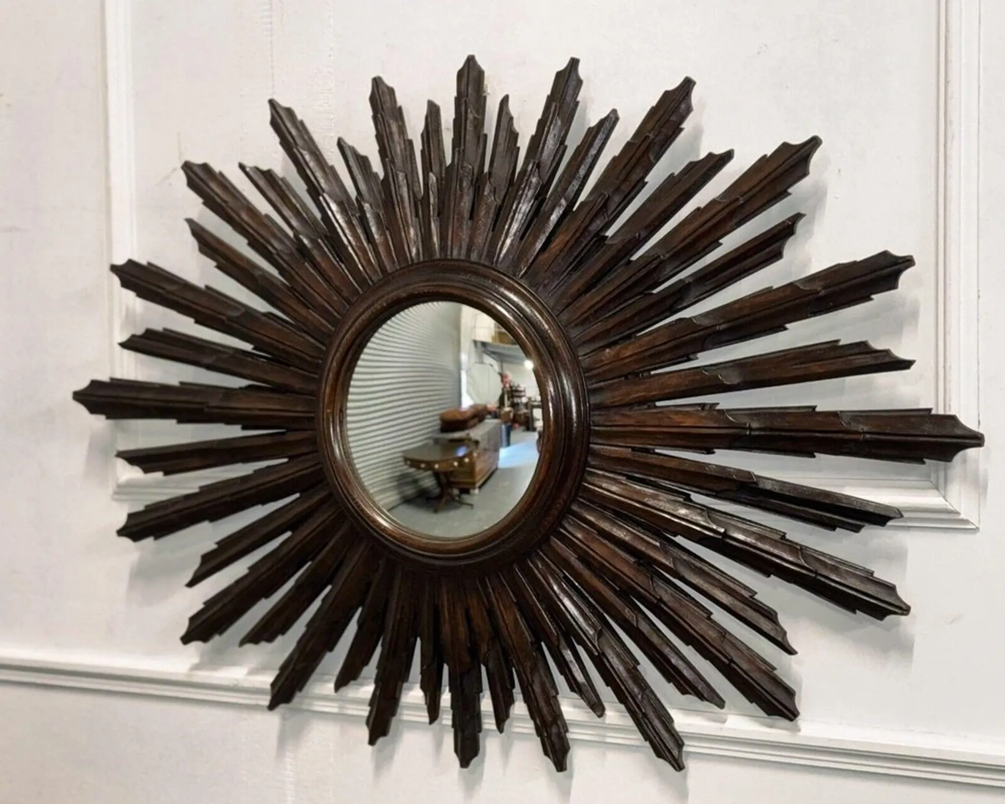 Vintage Brown Wood Convex Wall Mirror Sunburst, Spain, 1940