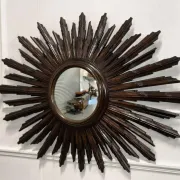 Vintage Brown Wood Convex Wall Mirror Sunburst, Spain, 1940