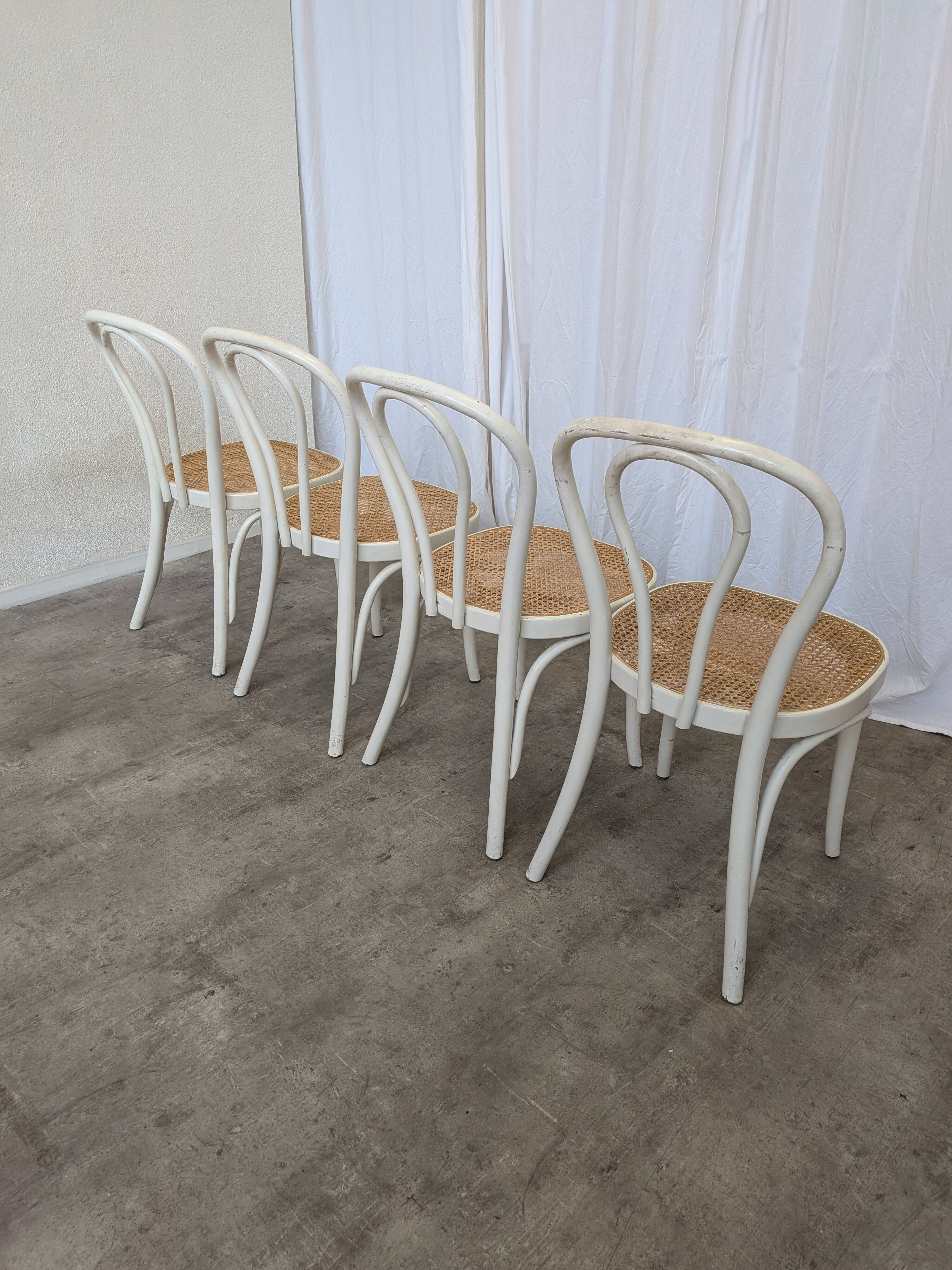 Set of 4 Vintage Thonet Style Dining Chairs: White Wood & Cane Seat
