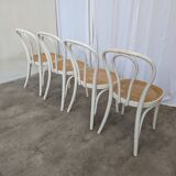 Set of 4 Vintage Thonet Style Dining Chairs: White Wood & Cane Seat
