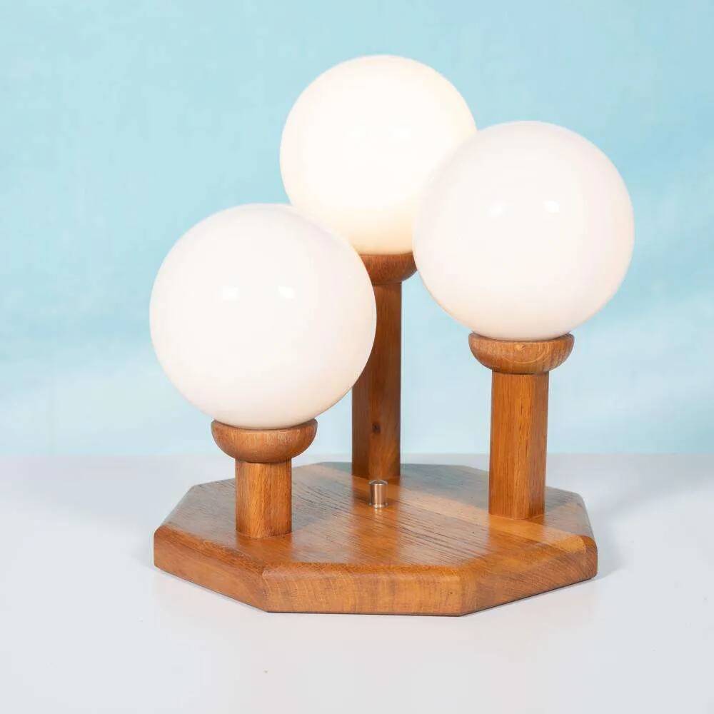 Bohemian glass ball table lamp from the 70s, wood & glass