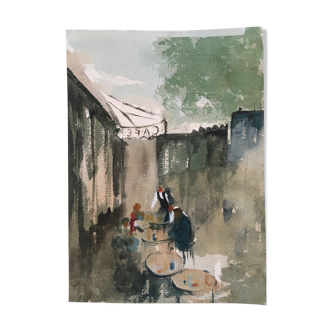 Aquarelle sur papier Arches Café parisien