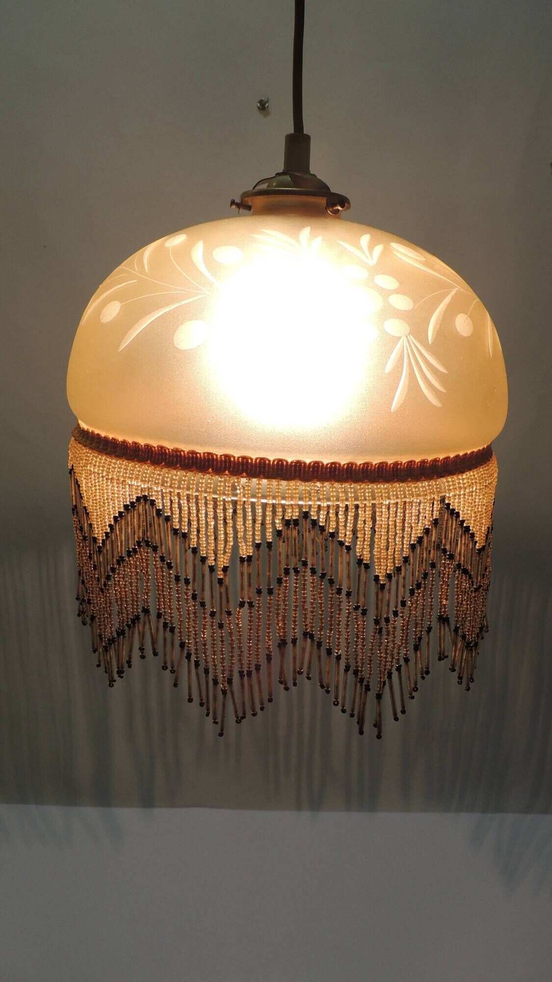Vintage frosted glass pendant light with beaded fringes - Art Deco lamp