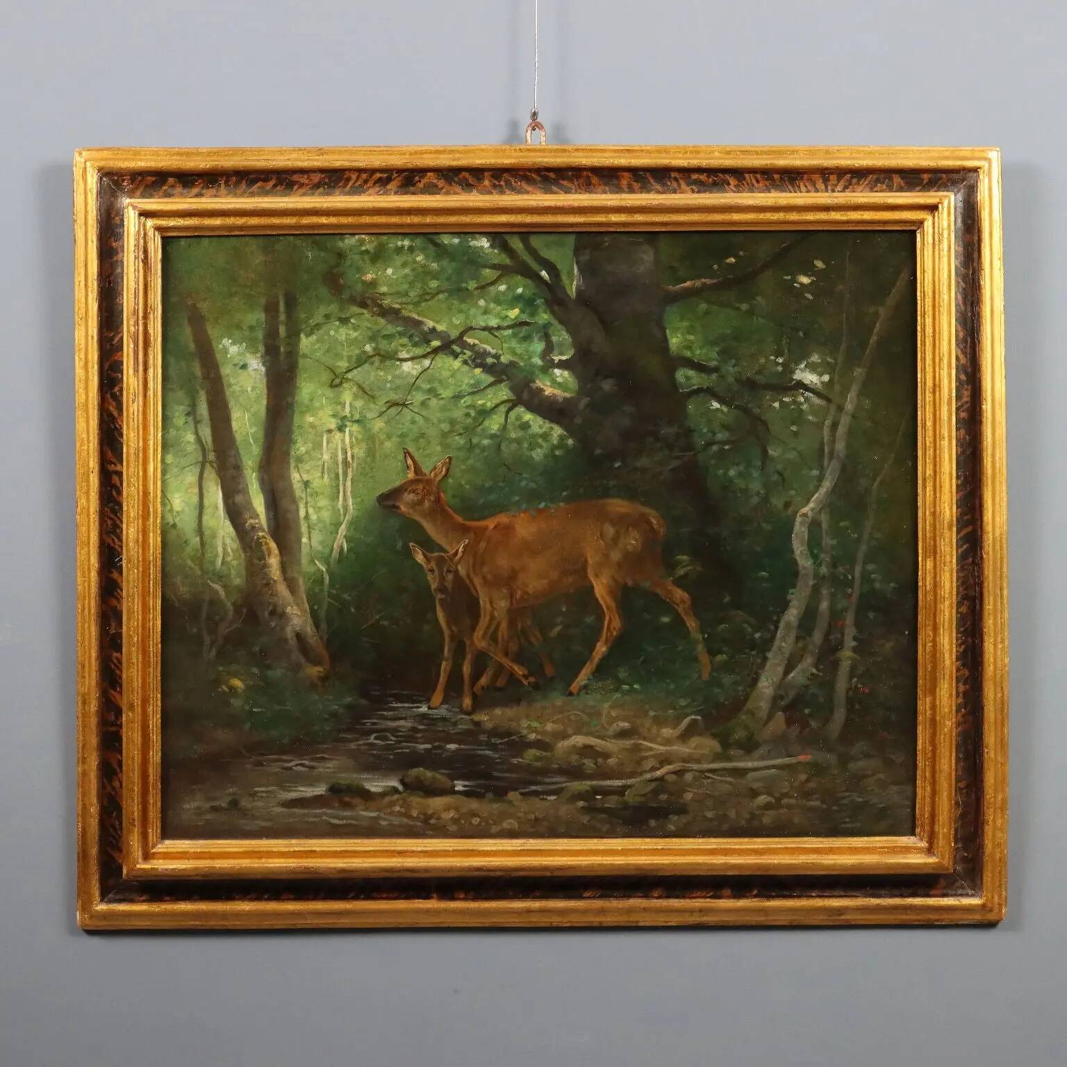 Old painting "Deer in the Woods" oil on canvas France 19th century