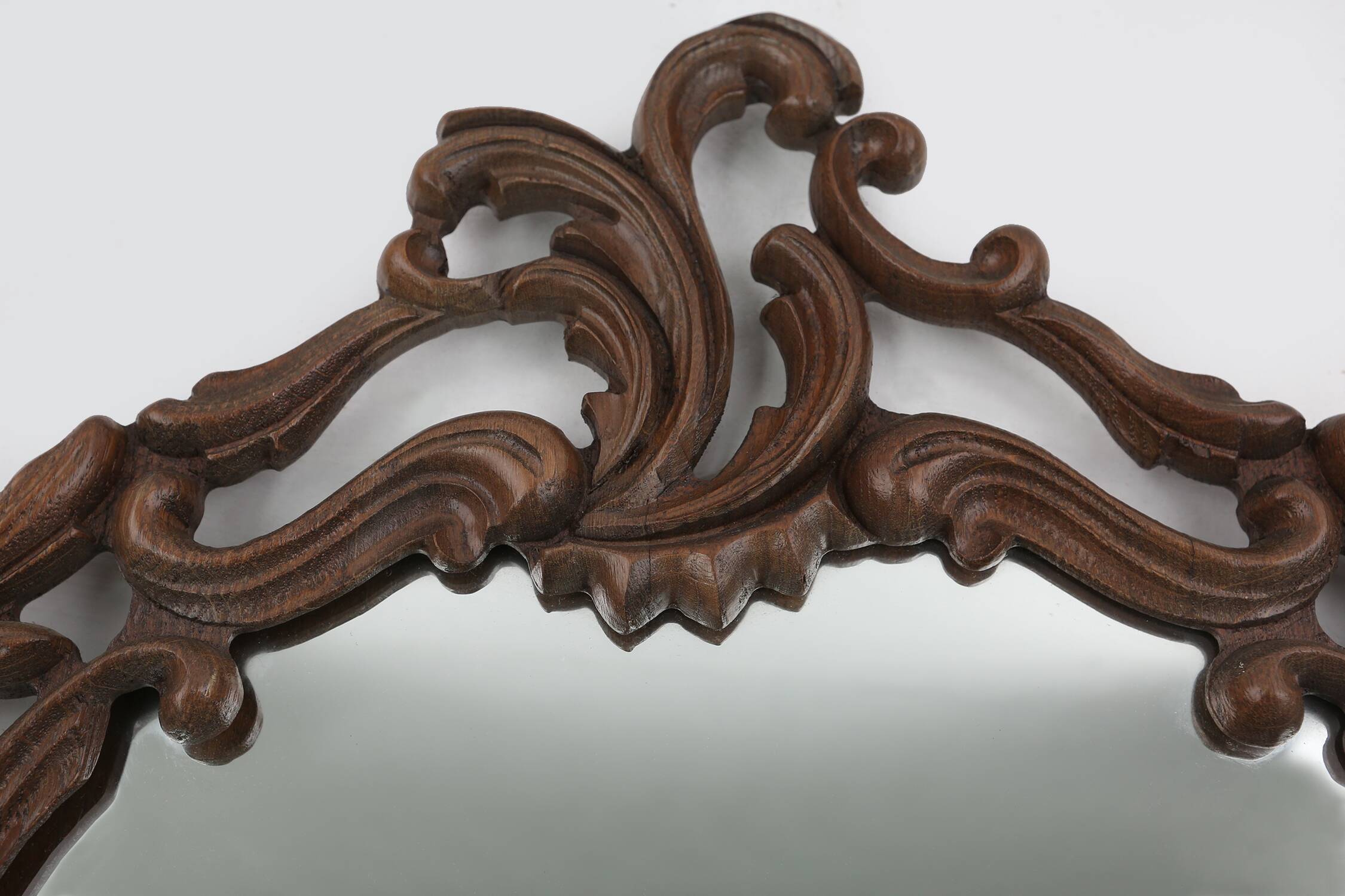 Baroque mirror with hand carved oak ornated frame, France 1950s