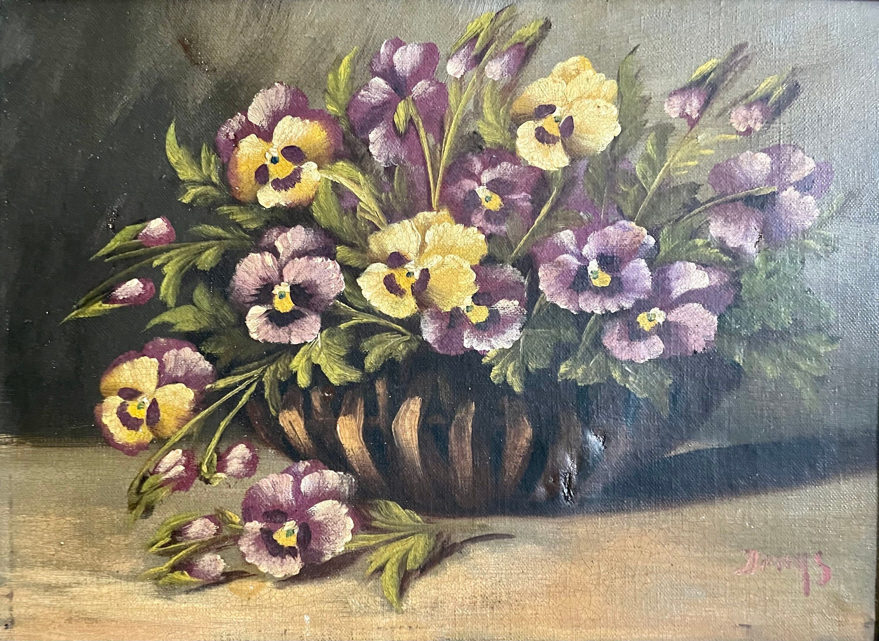 Peinture à l’huile du XIXème siècle sur toile nature morte avec vase de pensées antique vintage original