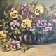 Peinture à l’huile du XIXème siècle sur toile nature morte avec vase de pensées antique vintage original