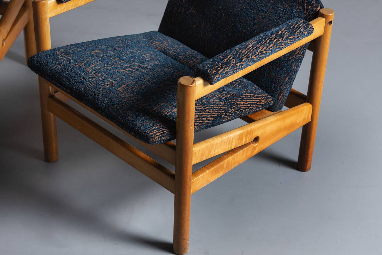Armchair in teak with blue pattern cushion, Denmark, 1970s, set of 2