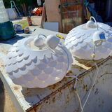 Pair of vintage white plastic pendant lights