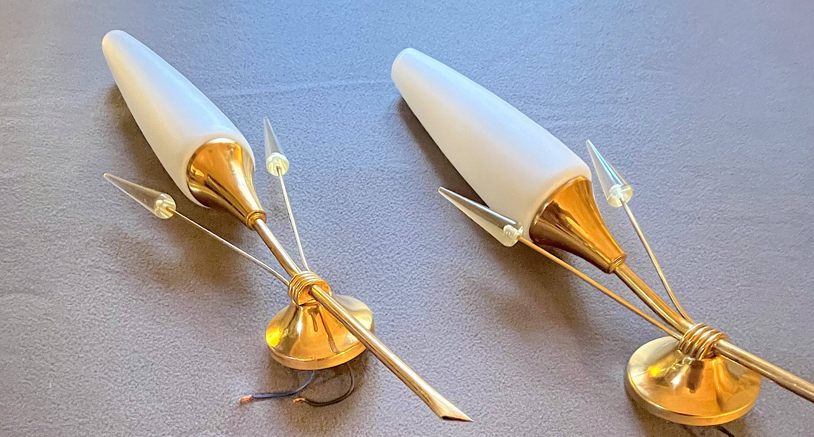 Pair of brass and opaline sconces, Maison Arlus, France, Mid-Century