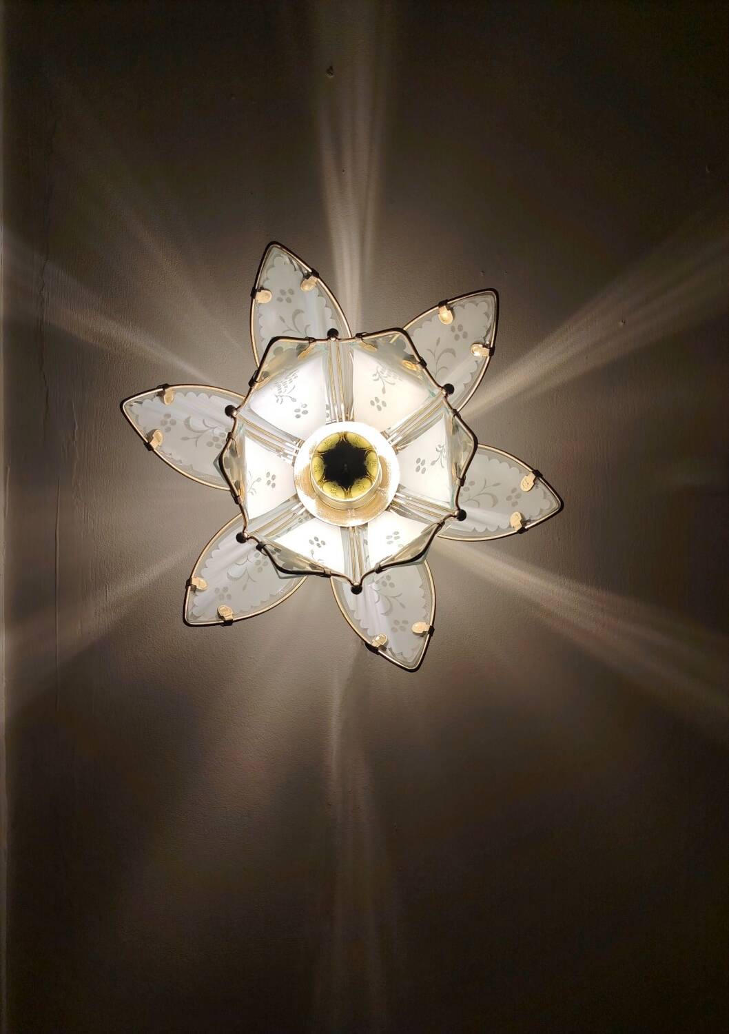 Lotus flower wall sconce in glass with a gold brass rim