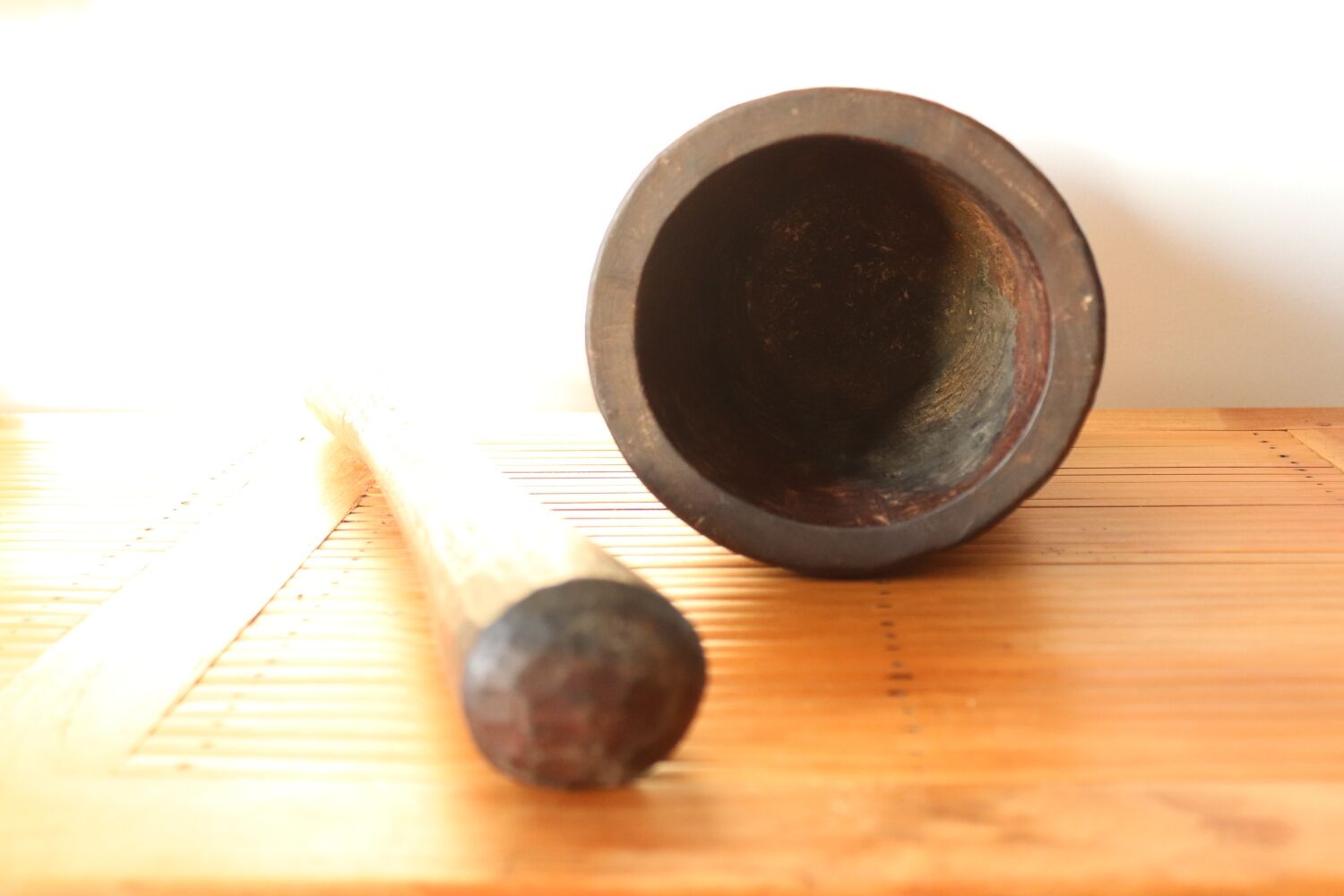 Antique brutalist solid wood mortar