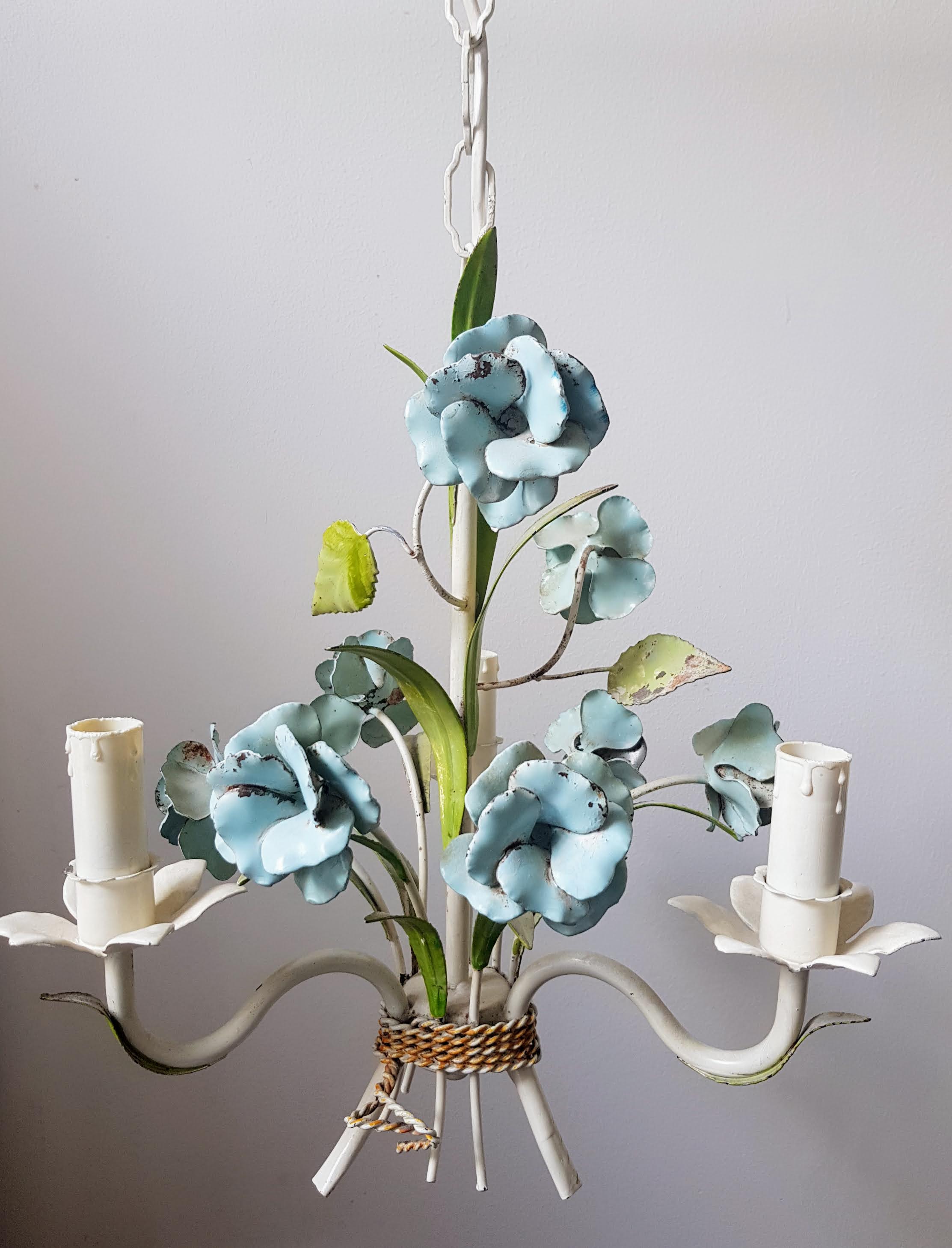 Vintage tole chandelier with light blue roses 1960s