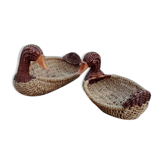 2 baskets basketry, wicker/rope -duck shape, vintage 1970