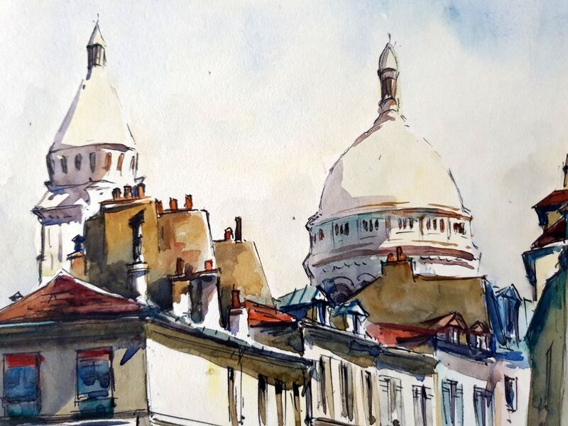 André Duculty (1912-1990) Watercolor on paper "Le Sacré Coeur, Le consulat, Paris" Signed