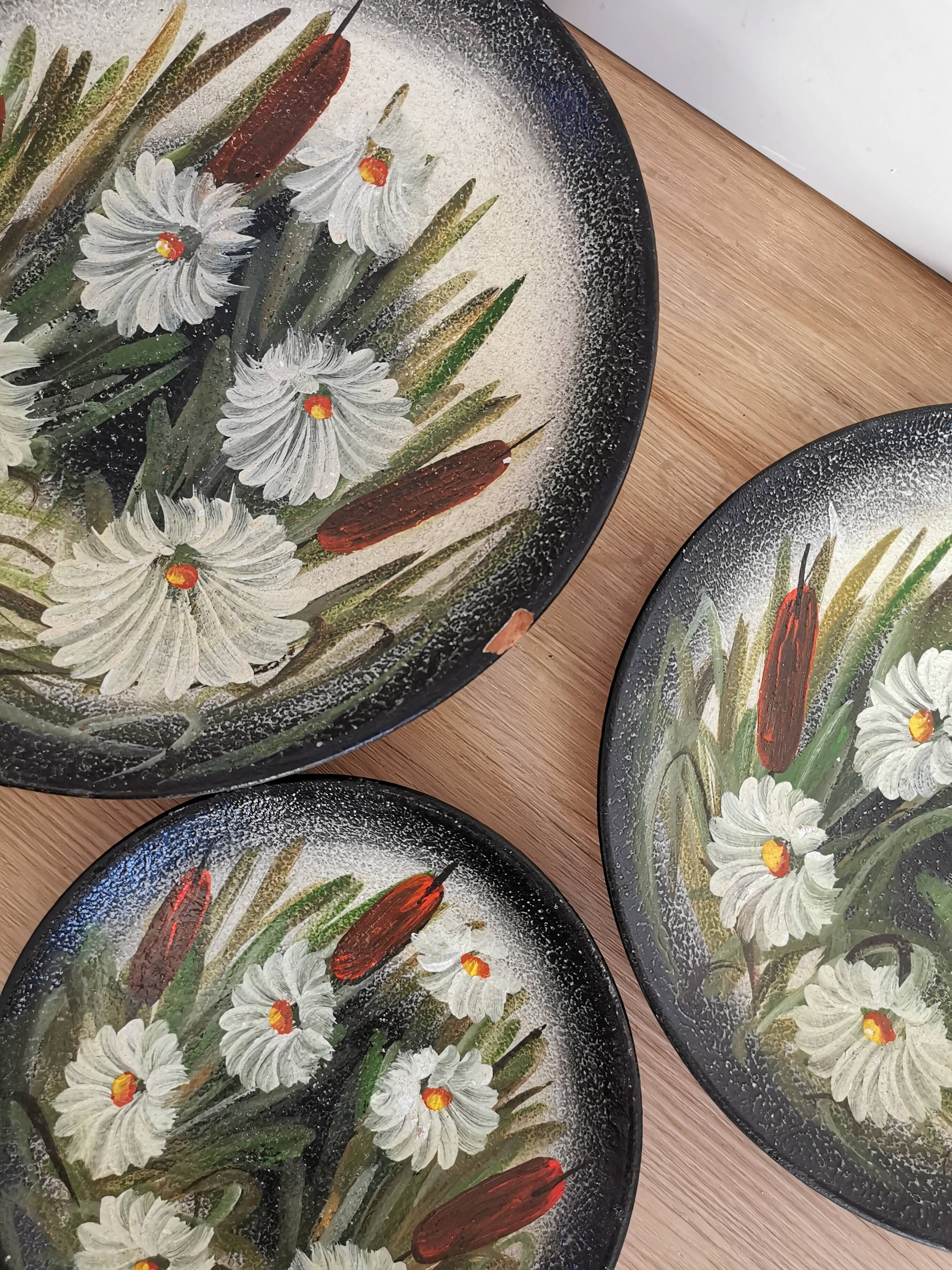 Vintage Hand-Painted Clay Plates: 1970s Yugoslavian Floral Wall Decor