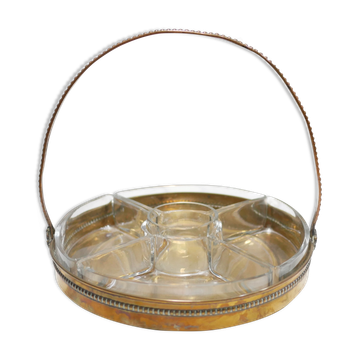 Plateau de service à apéritif vintage en laiton et en verre