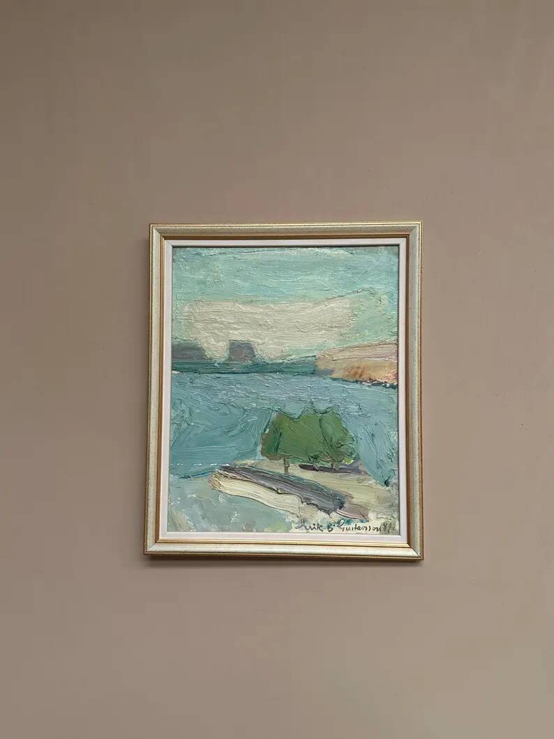 Original Swedish Oil on Canvas – "Coastal Landscape" by Erik Birger Gustavsson – Signed – Dated 1981 – Vintage and Framed – 41 × 33 cm (16.1 × 13 inches)