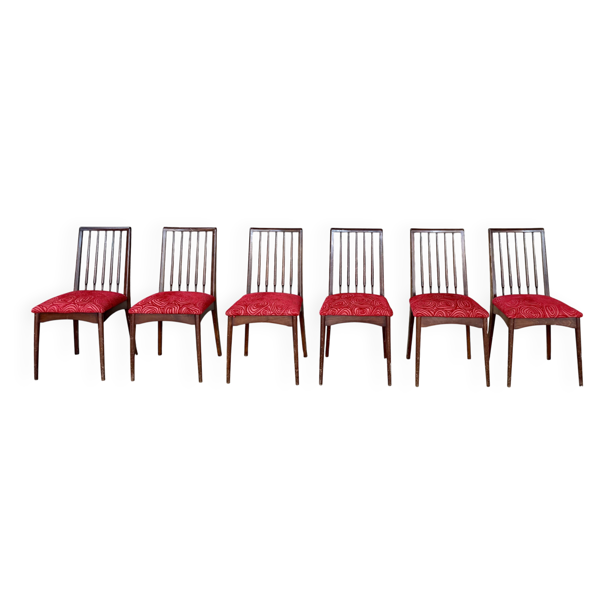 Set of 6 vintage wooden chairs – Psychedelic red fabric