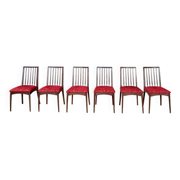 Lot de 6 chaises vintage en bois – Tissu rouge psychédélique