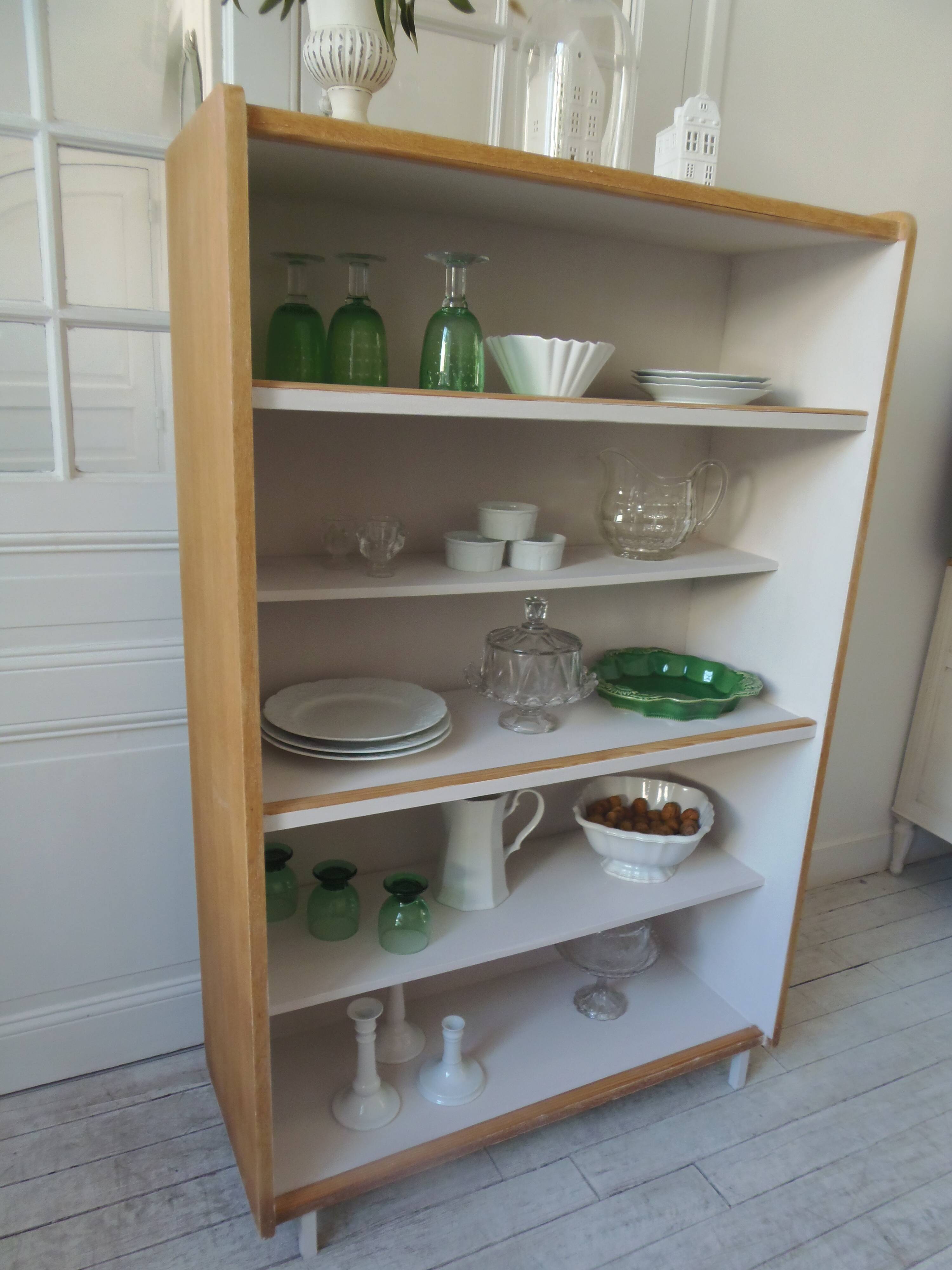 Vintage bookshelf in oak veneer, pearl grey interior, metal legs.