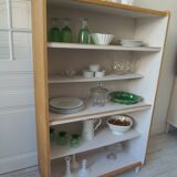 Vintage bookshelf in oak veneer, pearl grey interior, metal legs.