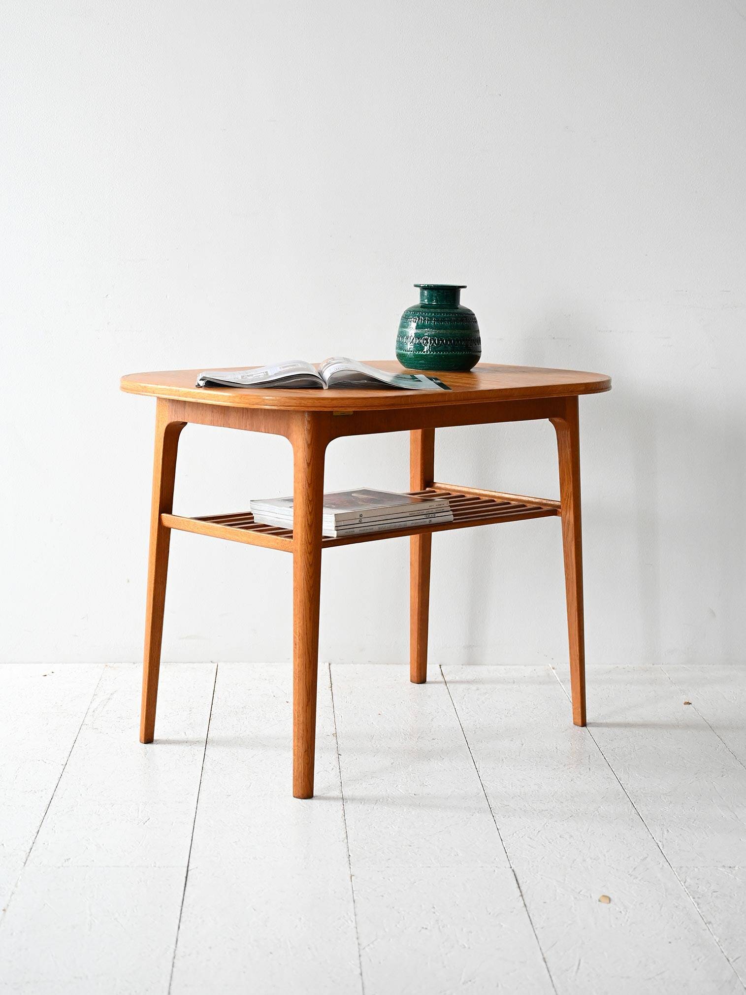 1960s Scandinavian oak coffee table with slatted shelf