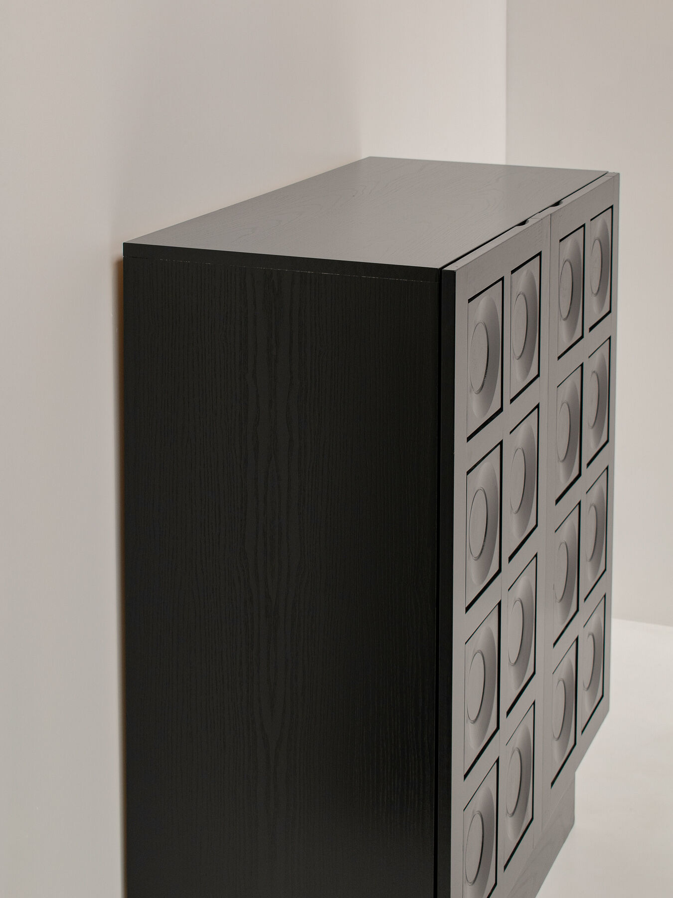 Black Brutalist Bar Cabinet with Graphic Patterned Doors, Belgium, 1970s